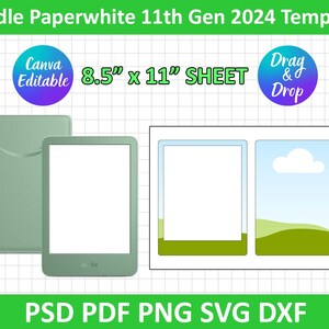 以下が含まれることがあります： Kindle Paperwhite 11th Gen 2024のテンプレート。緑色の電子書籍リーダーとカバーが特徴です。デザインには、21.6 cm x 27.9 cmのシートテンプレートが含まれており、「Canva Editable」と「Drag & Drop」のラベルが付いています。ファイル形式はPSD、PDF、PNG、SVG、DXFです。