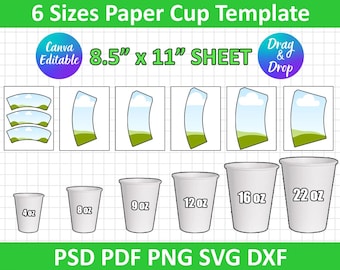 6 sizes Paper Cup Wrapper Template Bundle, Paper Cup Wrapper, Paper Coffee Cup Template, Blank Cup Wrapper, Styrofoam Cup, Canva Editable