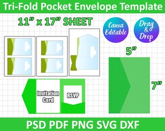 ポケット折りテンプレートSVG、5インチ×7インチのポケット付き結婚式招待状テンプレート、封筒付き結婚式招待状、DXF、Canva編集可能、すぐにダウンロード可能