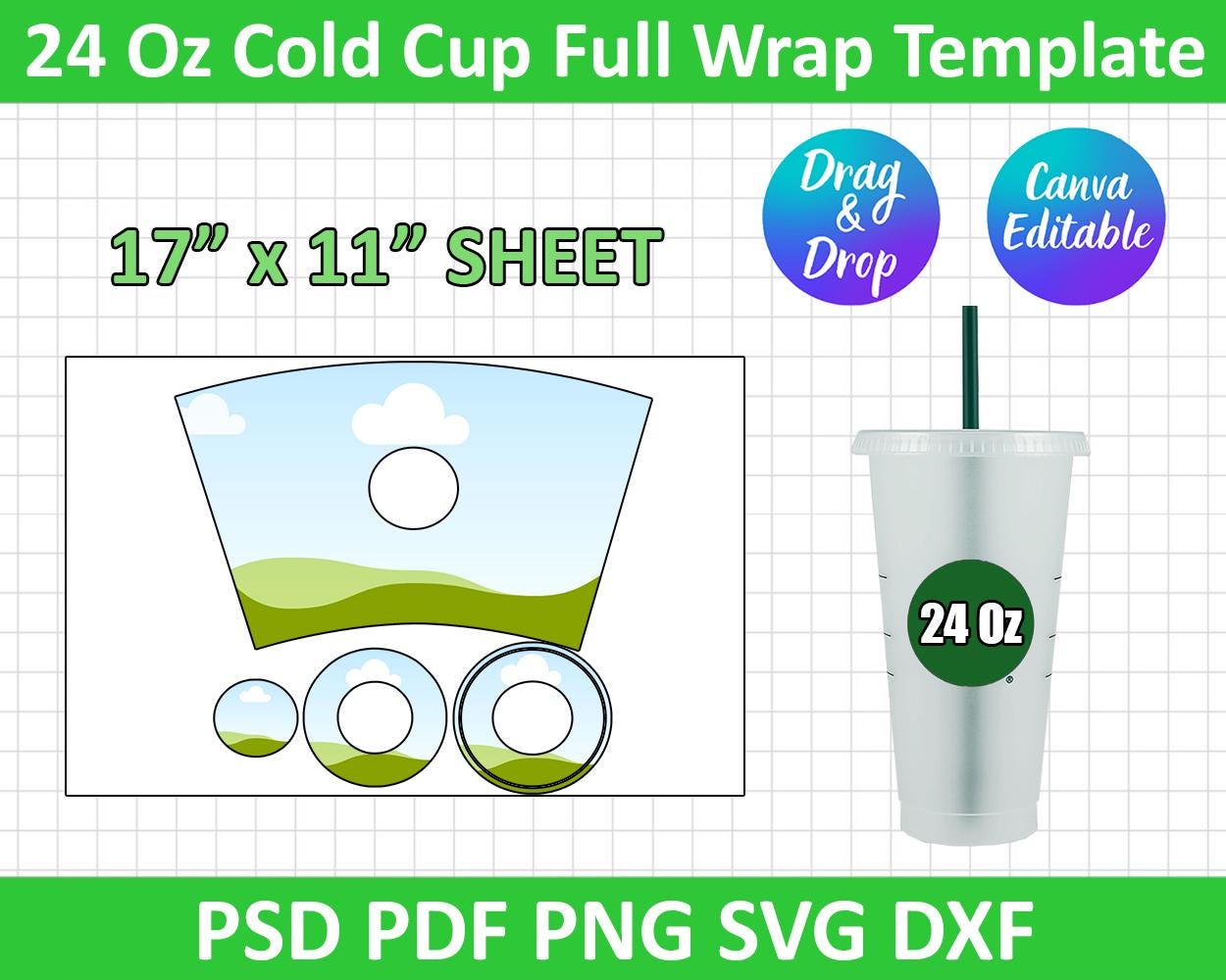 24 Oz Cold Cup Full Wrap Template SVG, Coffee Cold Cup Template, Coffee ...