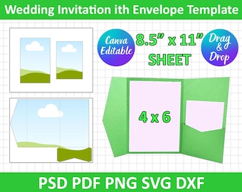 ポケット折りテンプレートSVG、4インチ×6インチのポケット付き結婚式招待状テンプレート、封筒付き結婚式招待状、DXF、Canva編集可能、すぐにダウンロード可能