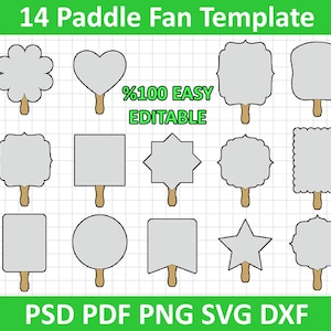 Puede incluir: Un conjunto de plantillas digitales con 14 formas distintas de abanicos de mano en gris claro con mangos marrones, dispuestas sobre un fondo de cuadrícula blanca. El texto 14 Paddle Fan Template, %100 EASY EDITABLE y PSD PDF PNG SVG DXF es visible.