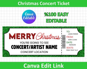 Entrada para un concierto navideño para regalar / Plantilla imprimible. Idea de regalo sorpresa. Editable e imprimible al instante. Plantilla de Canva.