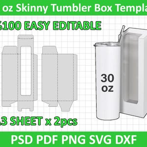 30oz Skinny Tumbler Box Template, Gift Box Template, Svg, Dxf, Png, Psd, Pdf, Cdr, A3 size sheet, Printable, Easy Editable, Instant Download