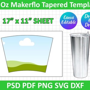 May include: A stainless steel tumbler with a straw next to a template with a landscape design. The template is 17" x 11" and includes the text "Canva Editable" and "Drag & Drop". The image also includes the text "32 Oz Makerflo Tapered Template".