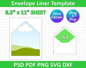 May include: An envelope liner template with the text "Envelope Liner Template". The template includes a design for an 8.5" x 11" sheet, and an A7 envelope. The image also includes the text "Canva Editable" and "Drag & Drop". The file formats are PSD, PDF, PNG, SVG, and DXF.