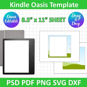 May include: A digital mockup template for a Kindle Oasis e-reader. The template is on an 8.5 inch by 11 inch sheet and includes a black and white image of the e-reader with a blank screen. The template is designed for use with Canva and is drag and drop compatible.
