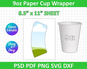 9 oz Paper Cup Wrapper Template, Paper Coffee Cup Template, Paper Cup Wrapper, Blank Cup Wrapper, Styrofoam Cup, Canva Editable