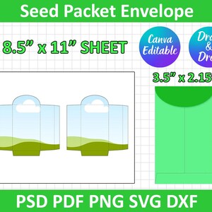 Op de afbeelding: Een groen ontwerp voor een zaadpakket-envelop met de tekst "Seed Packet Envelope". Het ontwerp omvat een vel van 21,6 cm x 27,9 cm en een envelop van 8,9 cm x 5,5 cm. Het ontwerp bevat ook de tekst "Canva Editable" en "Drag & Drop".