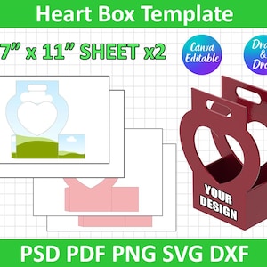 Heart Box Template, Mothers Day Gift Box, Love Gift Box Template, Cricut, Silhouette, Valentine&#39;s Day Box, Canva Editable, instant download