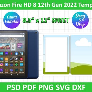 Peut inclure: Une tablette Amazon Fire HD 8 bleue avec un écran noir affichant des icônes d'applications. Le modèle comprend un design avec le texte "8.5" x 11" SHEET" et les étiquettes "Canva Editable" et "Drag & Drop". Le texte inférieur indique "PSD PDF PNG SVG DXF".