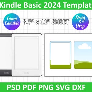 May include: A digital template for a Kindle Basic e-reader, featuring two mockups of the device in black and white. The template is designed for use with Canva and includes a drag and drop feature. The template is 8.5 inches by 11 inches and is available in PSD, PDF, PNG, SVG, and DXF formats.