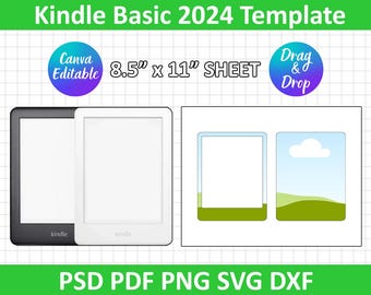 May include: A digital template for a Kindle Basic e-reader, featuring two mockups of the device in black and white. The template is designed for use with Canva and includes a drag and drop feature. The template is 8.5 inches by 11 inches and is available in PSD, PDF, PNG, SVG, and DXF formats.