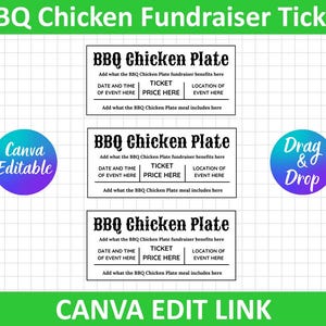 Könnte beinhalten: Eine grün-weiße Grafik mit dem Text "BBQ Chicken Fundraiser Ticket". Das Bild zeigt drei schwarz-weiße Tickets mit der Aufschrift "BBQ Chicken Plate". Die Tickets enthalten Felder für Datum, Uhrzeit, Ticketpreis und Veranstaltungsort. Das Bild enthält auch den Text "Canva Editable" und "Drag & Drop."