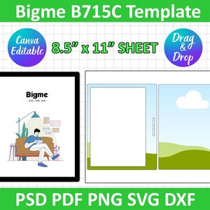 May include: A digital template with the text "Bigme B715C Template". The template includes a black tablet with a graphic of a person reading, and a layout with two blank sections. The sheet size is 8.5" x 11".