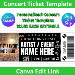PERSONALIZED Concert Ticket Gift Souvenir, Ways to Gift Concerts Birthday Christmas Printable pdf Surprise, Canva Editable, Instant Download