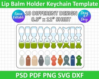 Könnte beinhalten: Ein digitales Vorlagenblatt für 10 verschiedene Lippenbalsam-Halter-Schlüsselanhänger im Format 21,6 cm x 27,9 cm. Die Grafik zeigt 10 einzigartige Umrissformen in der oberen Reihe und 10 entsprechende texturierte Schlüsselanhänger in der unteren Reihe.