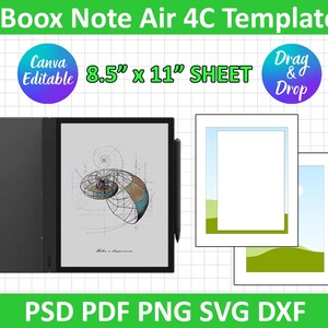 May include: A black Boox Note Air 4C template with a stylus, displaying a spiral design on the screen. The template is 21.6 cm x 27.9 cm and includes "Canva Editable" and "Drag & Drop" labels. File formats include PSD, PDF, PNG, SVG, and DXF.