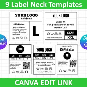 Editable Clothing Tag Bundle, T-shirt Neck Label Tag, DIY Garment Care Tag, Custom Clothing Tags, Washing Instructions, Canva Editable