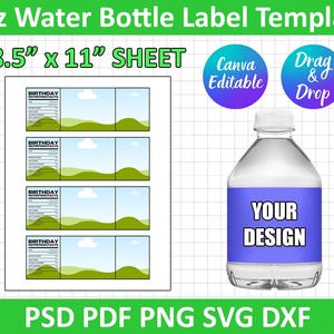 8 oz Water Bottle Label Blank Template, Water Bottle Label Template, DIY Label Template, Party Favors, Water Bottle Sticker, Canva Editable