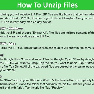 May include: A green and white illustrated guide on how to unzip files on different devices, including Windows, Mac, Android, and iPhone. The guide includes step-by-step instructions for each device.