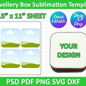 May include: A sublimation template for a jewelry box. The design includes a sheet with four landscape images and a jewelry box mockup. The text on the sheet reads "8.5" x 11" SHEET". The jewelry box mockup has the text "YOUR DESIGN".