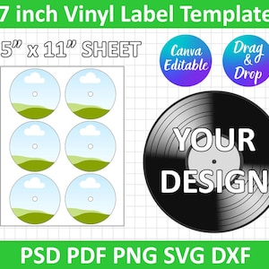 Op de afbeelding: Een vinyl label sjabloon met de tekst "7 inch Vinyl Label Template" en "8.5" x 11" SHEET". Het ontwerp bevat zes cirkelvormige labels met een landschapsscène en een vinylplaat met de tekst "YOUR DESIGN".