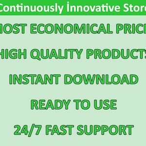 K&ouml;nnte beinhalten: Gr&uuml;ner Text auf hellgr&uuml;nem Hintergrund lautet "Continuously Innovative Store" gefolgt von f&uuml;nf Aufz&auml;hlungszeichen: "MOST ECONOMICAL PRICES", "HIGH QUALITY PRODUCTS", "INSTANT DOWNLOAD", "READY TO USE" und "24/7 FAST SUPPORT".