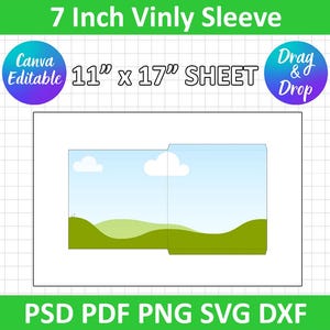 Może przedstawiać: Biała kartka z krajobrazem, z zielonymi wzgórzami, błękitnym niebem i białymi chmurami. Tekst "7 Inch Vinly Sleeve" znajduje się na górze, a "11" x 17" SHEET" na środku. Obraz zawiera również tekst "Canva Editable", "Drag & Drop" i opcje typu pliku.