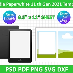 May include: A digital illustration template for a Kindle Paperwhite 11th generation e-reader. The template is 8.5 inches by 11 inches and includes a blank screen and a landscape scene with a cloud and hills.