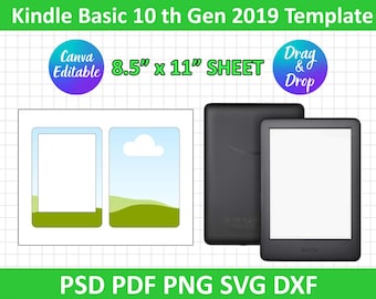 Puede incluir: Una plantilla imprimible para un lector electrónico Kindle Basic 10.ª generación 2019. La plantilla está diseñada para ajustarse a una hoja de papel de 21,6 x 27,9 cm e incluye dos espacios en blanco para agregar imágenes o texto. La plantilla está etiquetada como "Canva Editable" y "Drag & Drop".