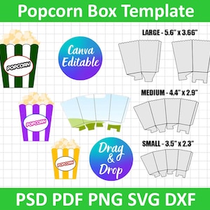 May include: A digital template for popcorn boxes in various sizes, including large (14.2cm x 9.3cm), medium (11.2cm x 7.4cm), and small (8.9cm x 5.8cm). The design features popcorn illustrations and the text "Popcorn Box Template".