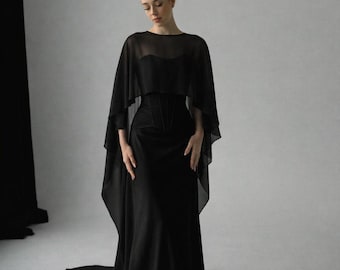 Black Wedding Corset Set with Sheer Bridal Shawl, Goth Wedding Cape, Shoulder Wrap Wedding dress topper