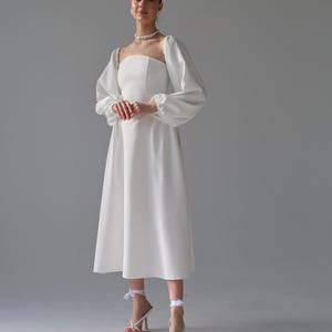 Ivory Wedding Corset Midi Dress with Puff Long Sleeve, Tea length white bridal gown, classic wedding flare dress