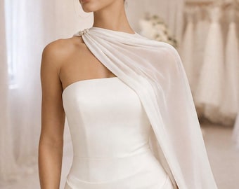 One-shoulder sheer wedding shrug with pearls, bridal chiffon shawl, bridal capelet, wedding dress cover