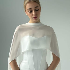 Ivory chiffon wedding shoulder cape, bridal outfit sheer shawl, see through long train wedding dress topper