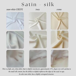The image is a collage of nine fabric swatches, each displaying a different color and texture of satin and silk. The text provides information about the characteristics of each fabric, including its light, airy, shiny appearance, the small amount of silk content, and the ability to easily stretch the fabric.