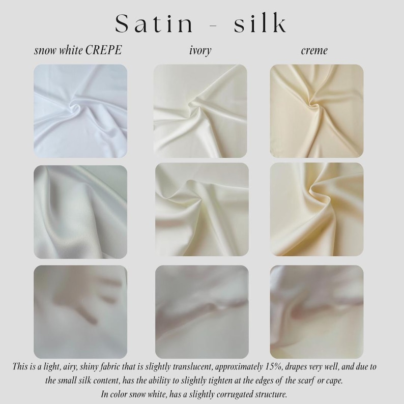 The image is a collage of nine fabric swatches, each displaying a different color and texture of satin and silk. The text provides information about the characteristics of each fabric, including its light, airy, shiny appearance, the small amount of silk content, and the ability to easily stretch the fabric.