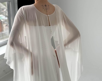 White wedding cape, Bridal Ivory shawl, Chiffon Bridal Cape, Long Cape Train, Wedding sheer capelet
