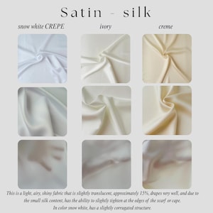 The image is a collage of nine fabric swatches, each displaying a different color and texture of satin and silk. The text provides information about the characteristics of each fabric, including its light, airy, shiny appearance, the small amount of silk content, and the ability to easily stretch the fabric.