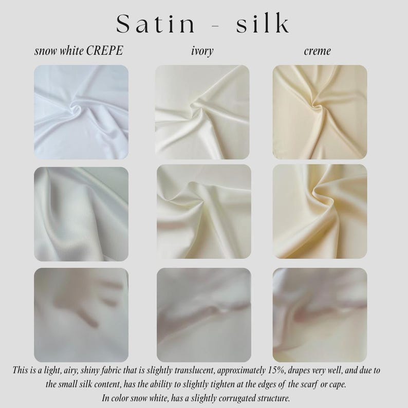 The image is a collage of nine fabric swatches, each displaying a different color and texture of satin and silk. The text provides information about the characteristics of each fabric, including its light, airy, shiny appearance, the small amount of silk content, and the ability to easily stretch the fabric.
