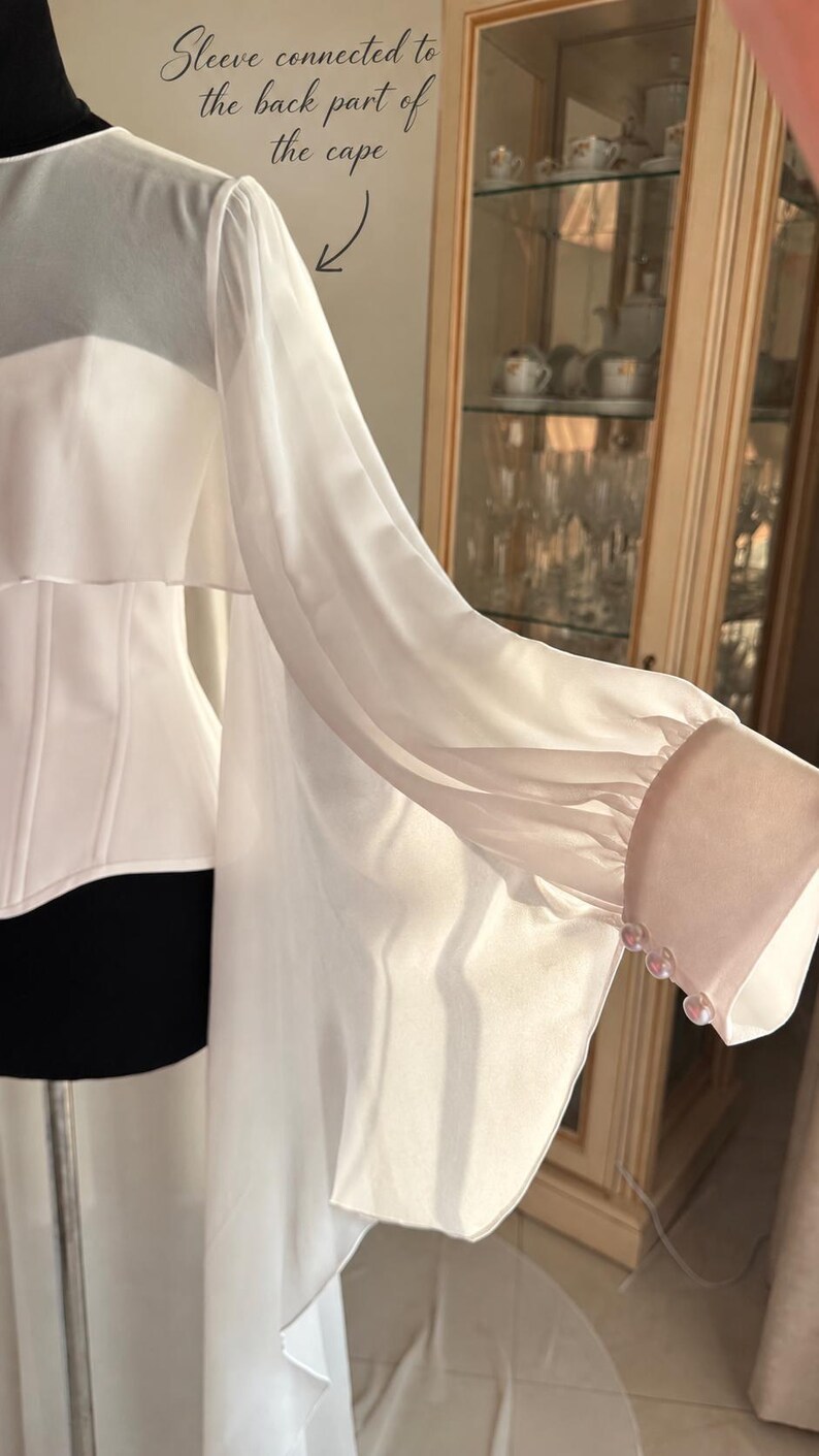 Bridal Chiffon Cape with High Neck & Draped Sleeves image 9