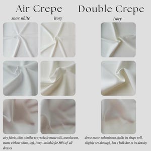 The image is a comparison of two types of crepe fabrics: Air Crepe and Double Crepe. It displays images of each fabric in various textures and colors, highlighting their differences and similarities.