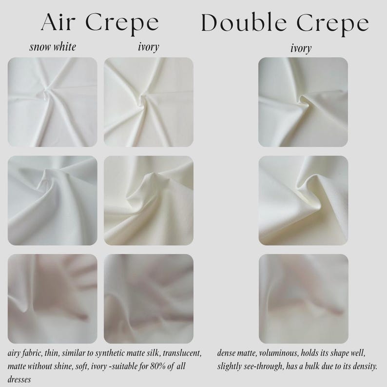 The image is a comparison of two types of crepe fabrics: Air Crepe and Double Crepe. It displays images of each fabric in various textures and colors, highlighting their differences and similarities.