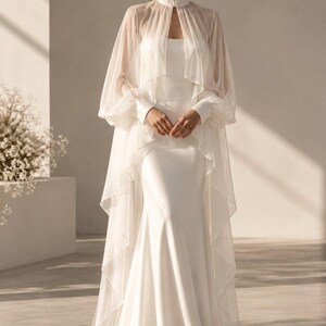 Bridal Chiffon Cape with High Neck & Draped Sleeves image 13