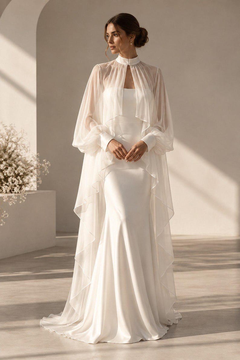 Bridal Chiffon Cape with High Neck & Draped Sleeves image 13