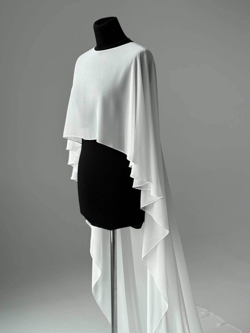 White wedding cape, White shawl, Chiffon Bridal Cape,Off-white Bridal Cape,Long Cape Train, image 14