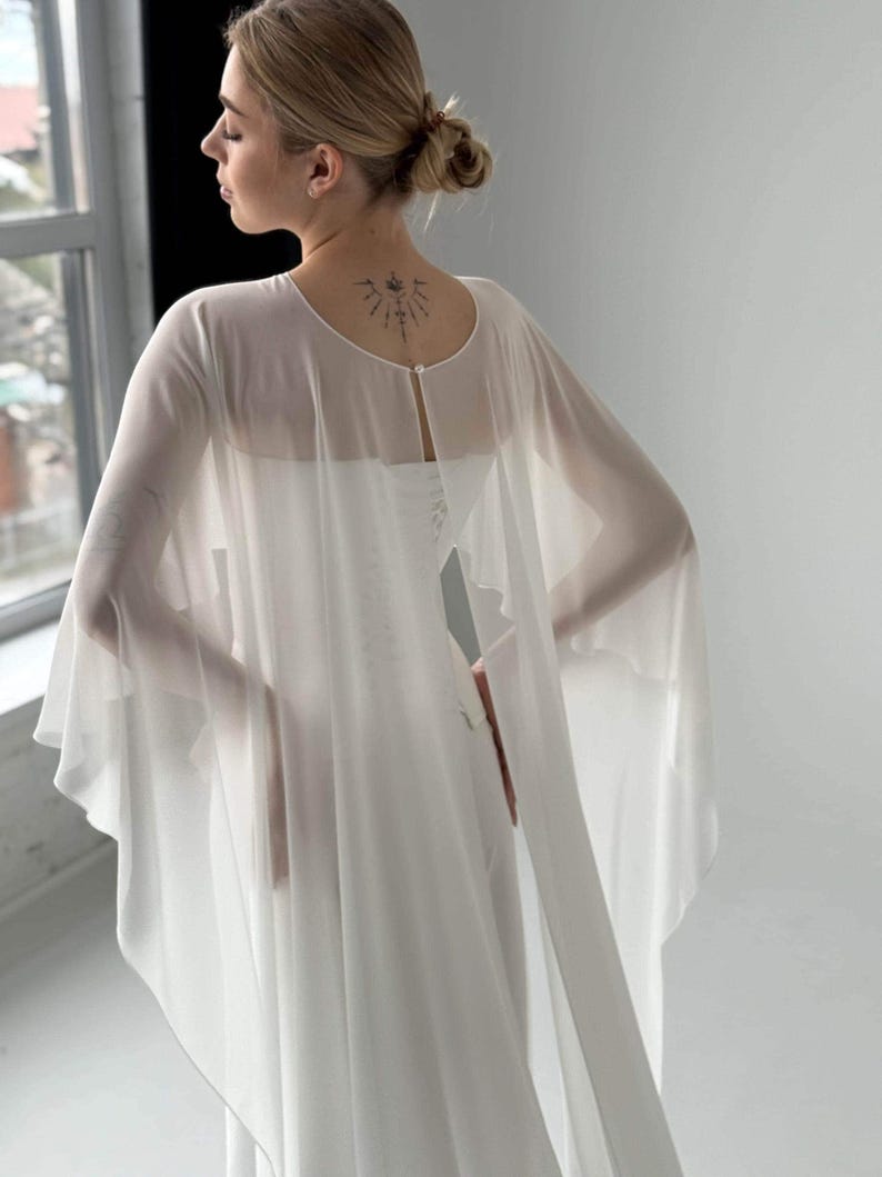 White wedding cape, White shawl, Chiffon Bridal Cape,Off-white Bridal Cape,Long Cape Train, image 6