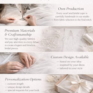 The image is a collage of three photographs showcasing handmade wedding accessories, including a hand sewing machine, a custom design, and a handcrafted box.