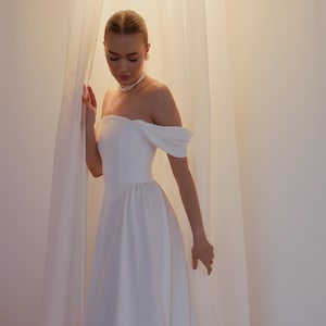 Drop-Taille Brautkleid, schulterfreies weißes Kleid, Korsett Brautkleid, Hochzeitskleid einfach, Hochzeitskleid, Elopement Kleid